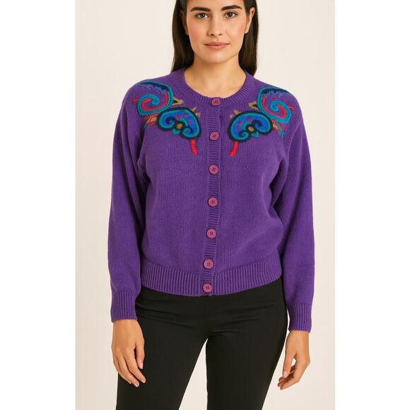 Segue cardigan sweater vintage purple button up embroidered SZ M - Picture 1 of 8
